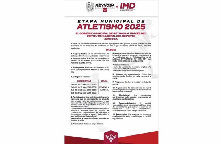 Invita Gobierno de Reynosa a la Etapa Municipal de Atletismo