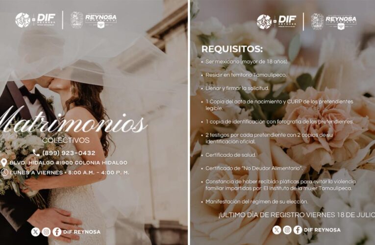 Invita DIF-Reynosa a registrarse en convocatoria para Matrimonios Colectivos 2025