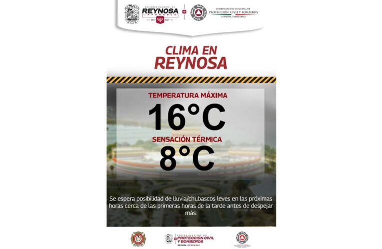 Continuará temperatura fría con probabilidad de lluvia hoy domingo en Reynosa