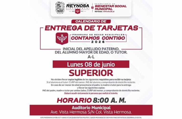 Invita Carlos Peña Ortiz a beneficiarios de Beca de Educación Superior a recibir su tarjeta Contamos Contigo 2026
