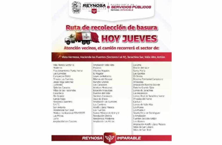 Ruta de Recolección de Servicios Públicos de Reynosa este jueves