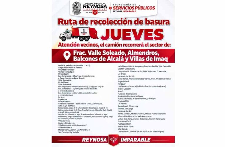 Recorre camión recolector Valle Soleado y Pedro J. Méndez, entre otras colonias hoy jueves